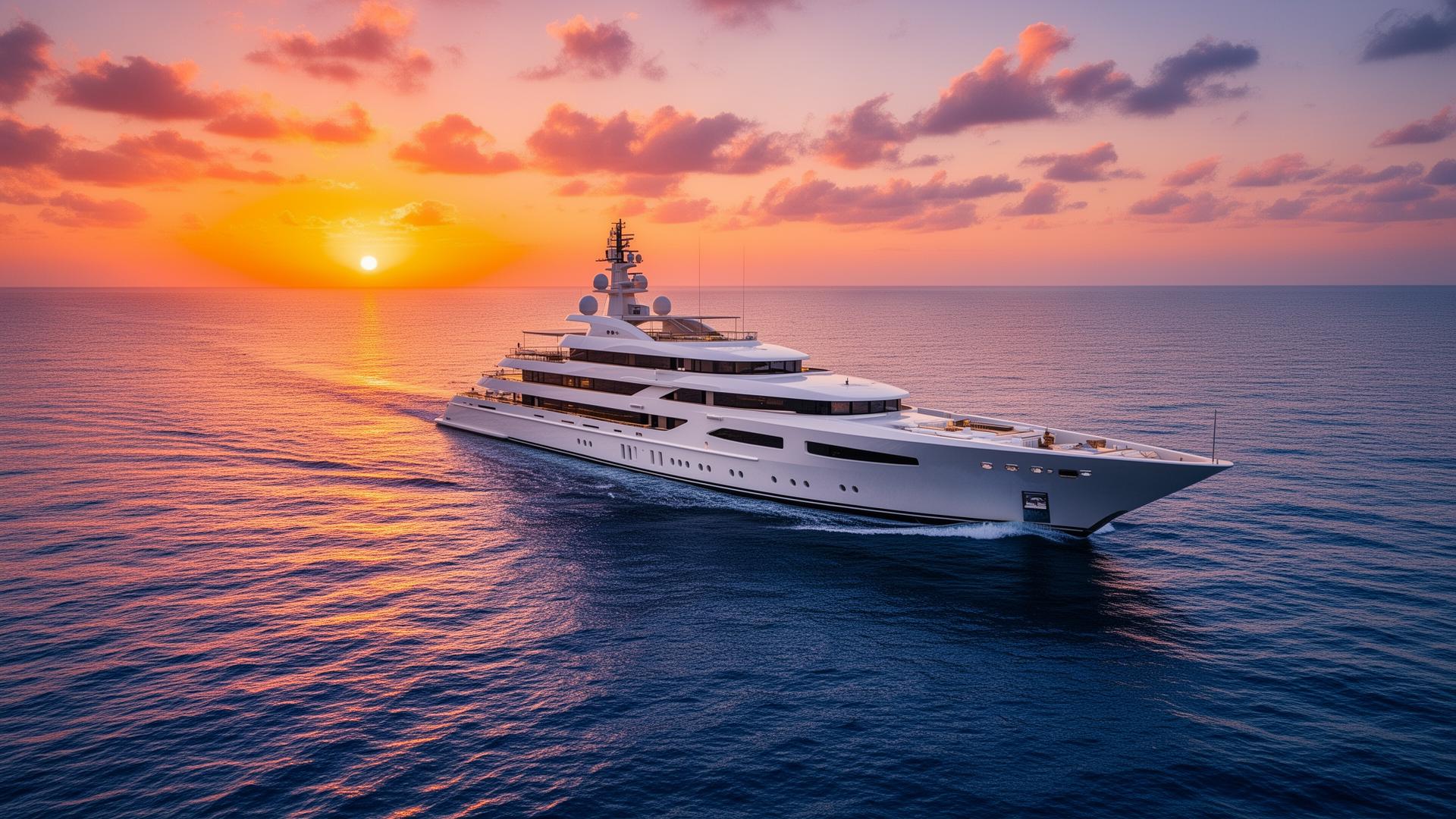 Superyacht at sea at sunset